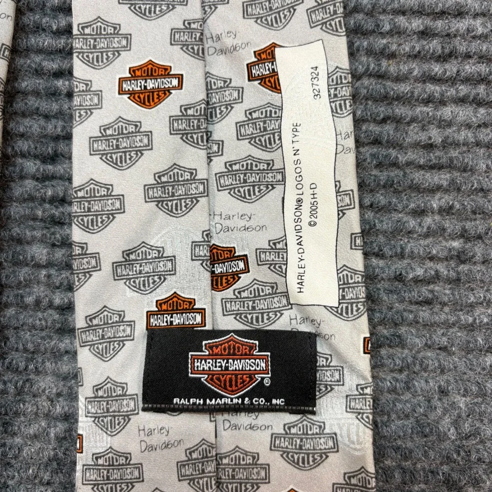 Harley Davidson Silk Tie Mens Grey Orange Bar & Shield Logo Ralph Marlin 2005